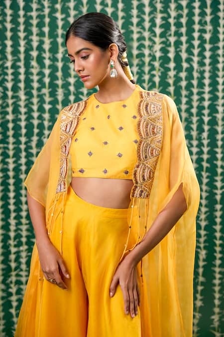 Cupid Cotton Yellow Organza, Silk Sequins, Embroidery Round Neck, Open Riva Cape Sharara Set Online at Aza Fashions Cupid Cotton_Yellow Organza, Silk Sequins, Embroidery Round Neck, Open Riva Cape Sharara Set _Online_at_Aza_Fashions