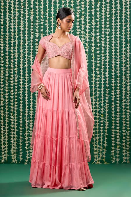 Cupid Cotton_Peach Chiffon, Organza Embroidery Sweetheart Neck, Tarini Cape Lehenga Set _Online_at_Aza_Fashions