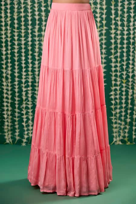 Buy_Cupid Cotton_Peach Chiffon, Organza Embroidery Sweetheart Neck, Tarini Cape Lehenga Set _Online_at_Aza_Fashions