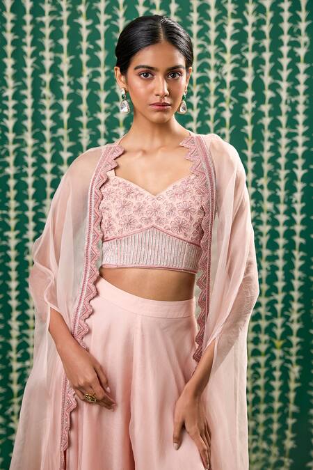Shop_Cupid Cotton_Pink Silk Embroidery, Beads, Sequins Sweetheart Dhara Zardozi Cape Sharara Set _Online_at_Aza_Fashions