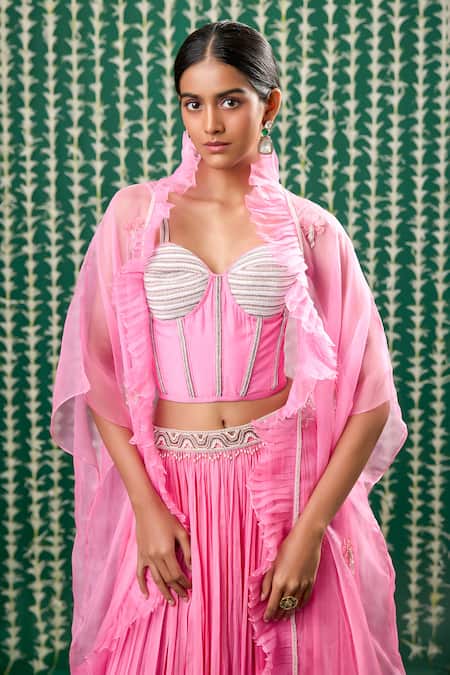Buy_Cupid Cotton_Pink Tissue, Chanderi Pearls, Beads Guna Embroidered Lehenga Set With Cape _Online_at_Aza_Fashions