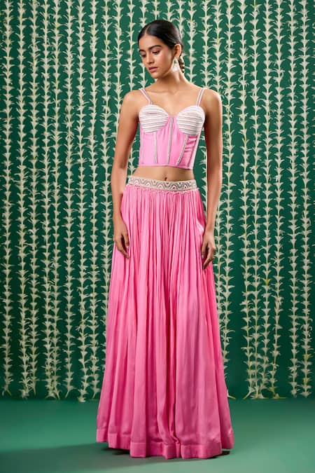 Shop_Cupid Cotton_Pink Tissue, Chanderi Pearls, Beads Guna Embroidered Lehenga Set With Cape _Online_at_Aza_Fashions