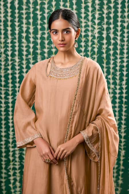 Buy Cupid Cotton Brown Chanderi Silk Embroidery, Sequins Round Neck Irraya Kurta And Pant Set Online at Aza Fashions Buy_Cupid Cotton_Brown Chanderi Silk Embroidery, Sequins Round Neck Irraya Kurta And Pant Set _Online_at_Aza_Fashions