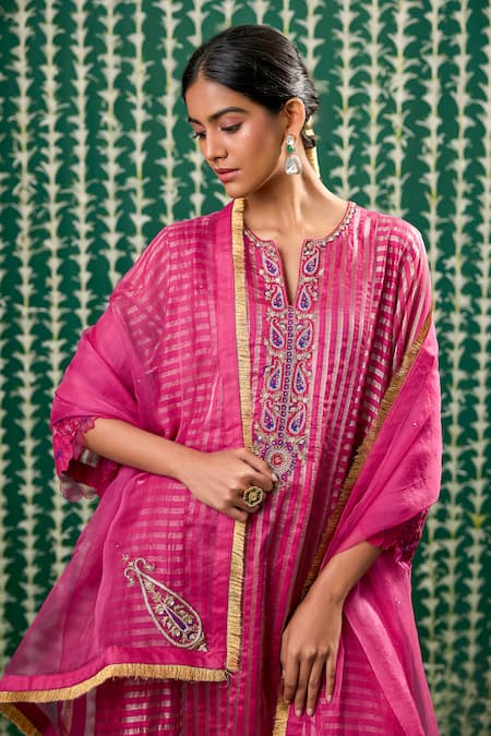 Buy_Cupid Cotton_Magenta Tissue, Chanderi, Organza Embroidery, Yashvi Striped Pattern Kurta Set _Online_at_Aza_Fashions