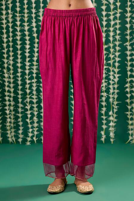 Cupid Cotton_Magenta Tissue, Chanderi Embroidery, Yashvi Striped Pattern Kurta And Pant Set _Online_at_Aza_Fashions