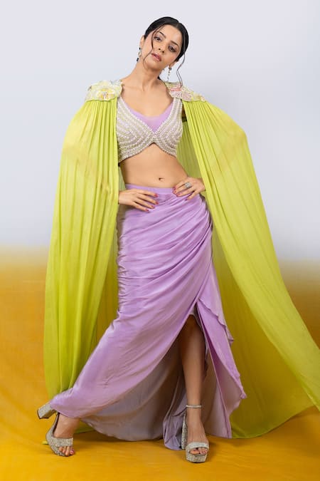 Shop_Anu Pellakuru_Green Crepe, Silk Beads, Pearls Cleopatra Glow Embroidered Cape Draped Skirt Set 