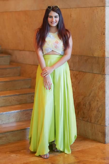 Buy_Anu Pellakuru_Green Silk, Modal Beads, Pearls Florence Embroidered Crop Top With Palazzo Pant 