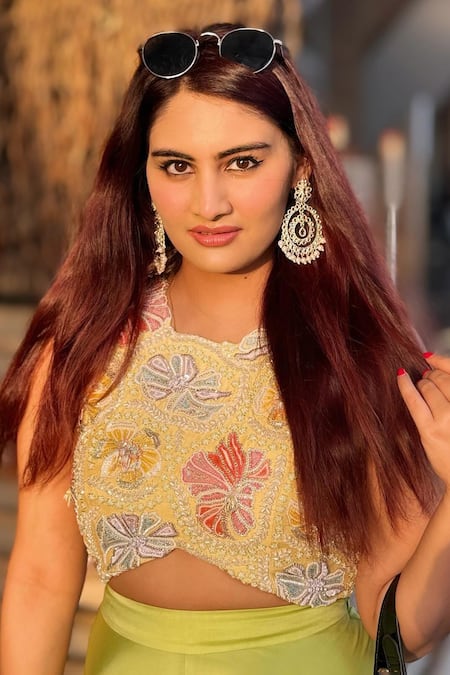 Shop_Anu Pellakuru_Green Silk, Modal Beads, Pearls Florence Embroidered Crop Top With Palazzo Pant 