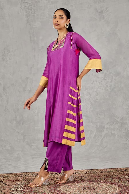 Shop_Shivani Bhargava_Purple Chanderi, Cotton Embroidery, Tassels Round Neck Block Print Kurta Set 