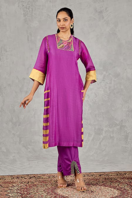 Shop_Shivani Bhargava_Purple Chanderi Embroidery Round Neck Block Print And Hand Kurta _Online_at_Aza_Fashions
