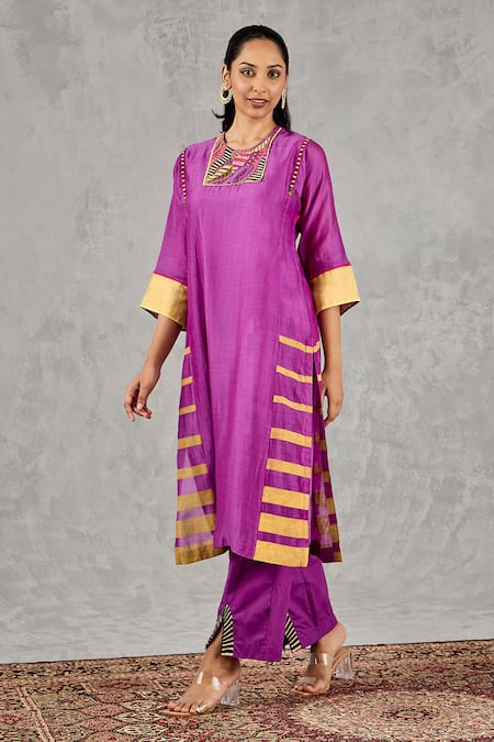 Shivani Bhargava_Purple Chanderi Embroidery Round Neck Block Print And Hand Kurta _at_Aza_Fashions