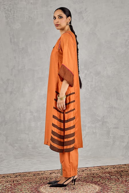 Shivani Bhargava_Orange Chanderi, Cotton Embroidery, Piping, Block Print And Hand Kurta Set _Online_at_Aza_Fashions