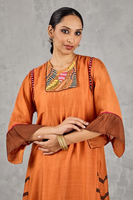 Buy_Shivani Bhargava_Orange Chanderi, Cotton Embroidery, Piping, Block Print And Hand Kurta Set _Online_at_Aza_Fashions
