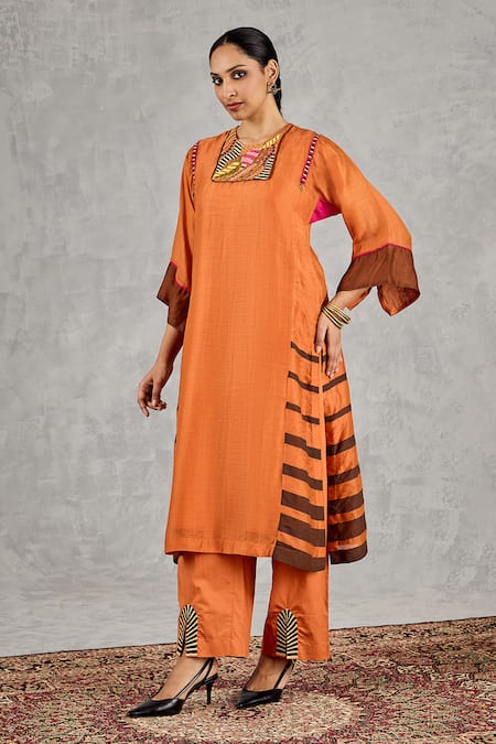 Shop_Shivani Bhargava_Orange Chanderi, Cotton Embroidery, Piping, Block Print And Hand Kurta Set _Online_at_Aza_Fashions