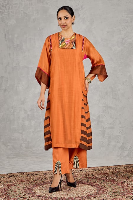 Shivani Bhargava_Orange Chanderi, Cotton Embroidery, Piping, Block Print And Hand Kurta Set _at_Aza_Fashions