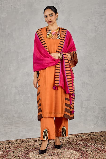 Buy_Shivani Bhargava_Orange Chanderi, Cotton Embroidery, Piping, Block Print And Hand Kurta Set 