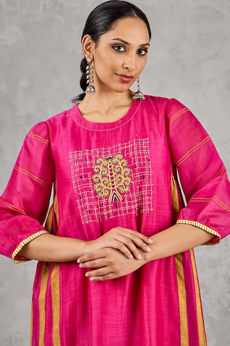 Shop_Shivani Bhargava_Pink Chanderi, Cotton, Organza Embroidery, Piping, Block Print And Hand Kurta Set _Online_at_Aza_Fashions