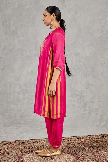 Shivani Bhargava_Pink Chanderi, Cotton, Organza Embroidery, Piping, Block Print And Hand Kurta Set _at_Aza_Fashions
