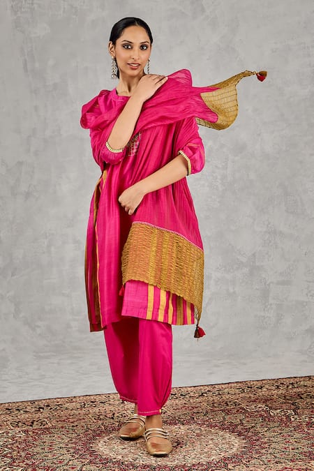 Shop_Shivani Bhargava_Pink Chanderi, Cotton, Organza Embroidery, Piping, Block Print And Hand Kurta Set 
