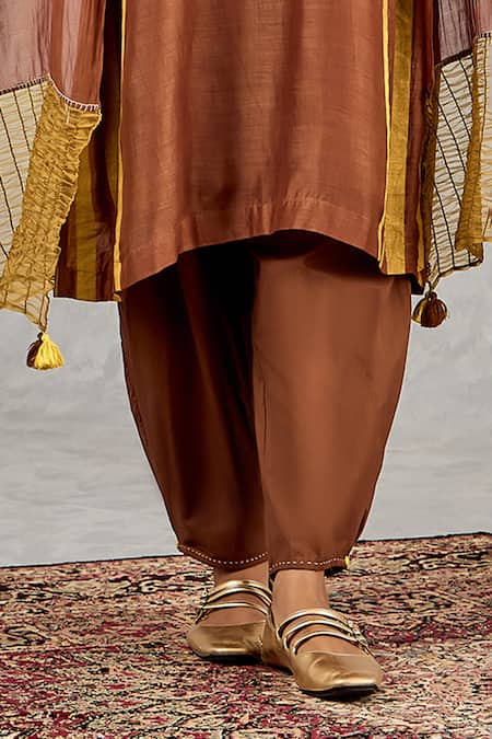 Shop_Shivani Bhargava_Brown Chanderi Embroidery Round Neck Block Print Kurta _Online_at_Aza_Fashions