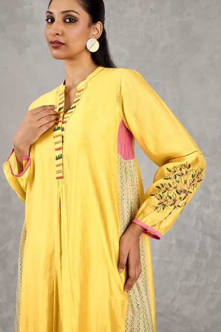 Shivani Bhargava Yellow Chanderi, Cotton Embroidery, Tassels, Foil Printing Hand Kurta Pant Set at Aza Fashions Shivani Bhargava_Yellow Chanderi, Cotton Embroidery, Tassels, Foil Printing Hand Kurta Pant Set _at_Aza_Fashions