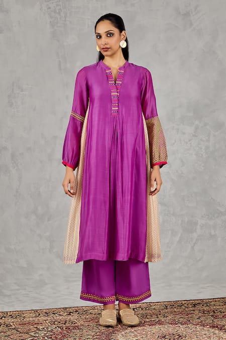 Buy_Shivani Bhargava_Purple Chanderi, Cotton Embroidery, Tassels Block Print And Hand Kurta Set _Online_at_Aza_Fashions