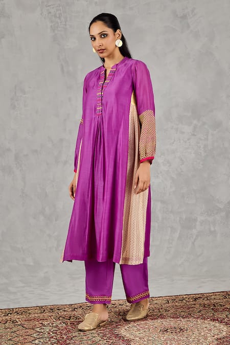 Shop_Shivani Bhargava_Purple Chanderi, Cotton Embroidery, Tassels Block Print And Hand Kurta Set _Online_at_Aza_Fashions