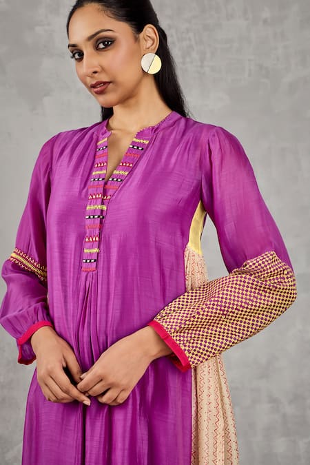 Buy_Shivani Bhargava_Purple Chanderi Embroidery, Piping Mandarin Collar Block Print And Hand Kurta _Online_at_Aza_Fashions