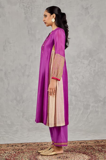 Shop_Shivani Bhargava_Purple Chanderi Embroidery, Piping Mandarin Collar Block Print And Hand Kurta _Online_at_Aza_Fashions