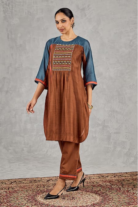 Shop Shivani Bhargava Brown Chanderi, Cotton Embroidery, Beads Round Neck Hand Kurta And Pant Set Online at Aza Fashions Shop_Shivani Bhargava_Brown Chanderi, Cotton Embroidery, Beads Round Neck Hand Kurta And Pant Set _Online_at_Aza_Fashions