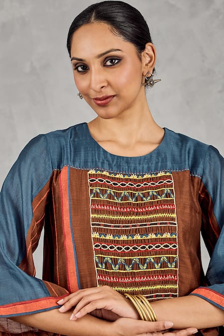 Shivani Bhargava Brown Chanderi, Cotton Embroidery, Beads Round Neck Hand Kurta And Pant Set at Aza Fashions Shivani Bhargava_Brown Chanderi, Cotton Embroidery, Beads Round Neck Hand Kurta And Pant Set _at_Aza_Fashions