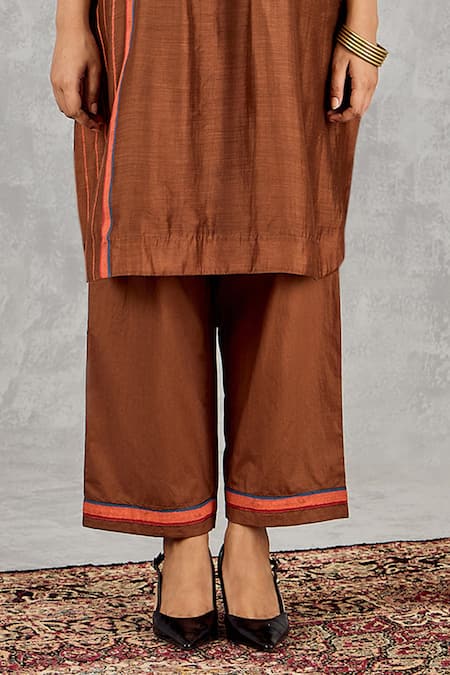 Buy Shivani Bhargava Brown Chanderi, Cotton Embroidery, Beads Round Neck Hand Kurta And Pant Set Buy_Shivani Bhargava_Brown Chanderi, Cotton Embroidery, Beads Round Neck Hand Kurta And Pant Set