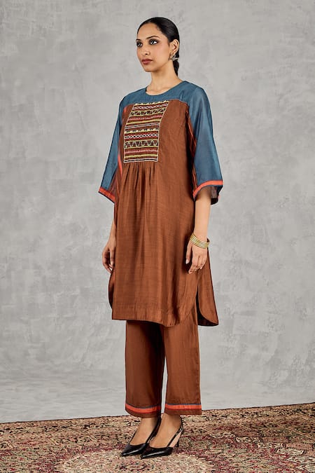 Shivani Bhargava_Brown Chanderi Embroidery Round Neck Block Print And Hand Kurta _Online_at_Aza_Fashions