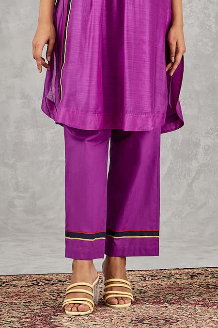 Shivani Bhargava Purple Chanderi, Cotton Embroidery, Piping Round Neck Hand Kurta And Pant Set Online at Aza Fashions Shivani Bhargava_Purple Chanderi, Cotton Embroidery, Piping Round Neck Hand Kurta And Pant Set _Online_at_Aza_Fashions