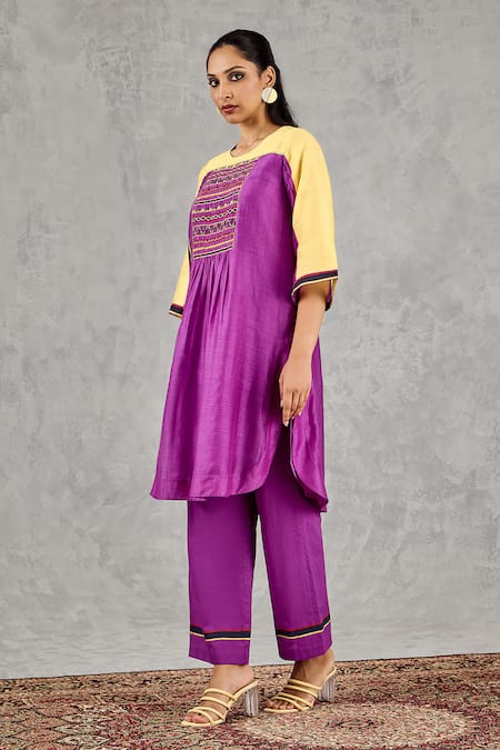 Shivani Bhargava_Purple Chanderi Embroidery, Metallic Thread Round Neck Hand Kurta _Online_at_Aza_Fashions
