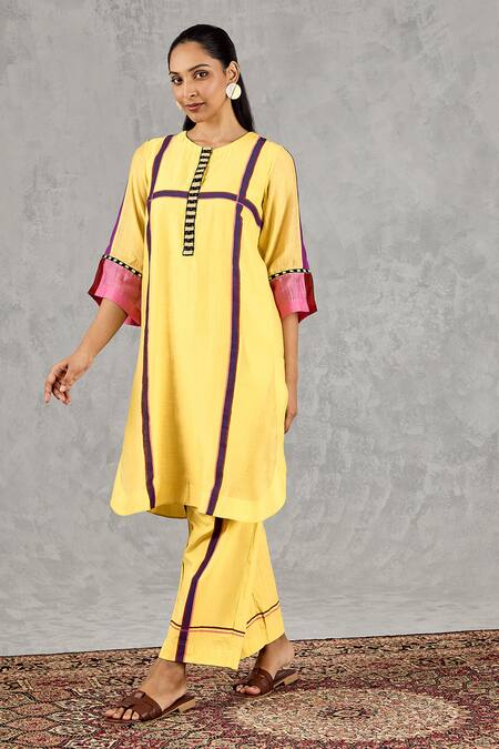 Shivani Bhargava Yellow Chanderi, Cotton Embroidery Round Neck Hand Kurta And Pant Set Online at Aza Fashions Shivani Bhargava_Yellow Chanderi, Cotton Embroidery Round Neck Hand Kurta And Pant Set _Online_at_Aza_Fashions
