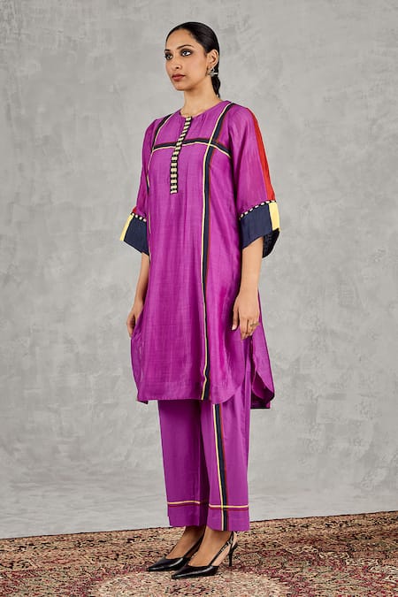 Shop Shivani Bhargava Purple Chanderi, Cotton Embroidery Round Neck Block Print Kurta And Pant Set Shop_Shivani Bhargava_Purple Chanderi, Cotton Embroidery Round Neck Block Print Kurta And Pant Set