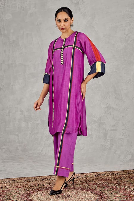 Shivani Bhargava_Purple Chanderi Embroidery Round Neck Block Print And Hand Kurta _at_Aza_Fashions