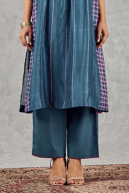 Shivani Bhargava_Blue Chanderi, Cotton Embroidery Split V-neck Hand Kurta Set _Online_at_Aza_Fashions