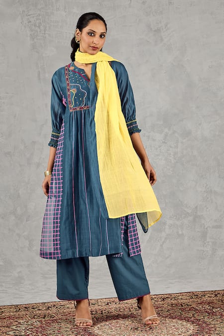 Shop_Shivani Bhargava_Blue Chanderi Embroidery, Metallic Thread Split V-neck Block Print And Hand Kurta _Online_at_Aza_Fashions