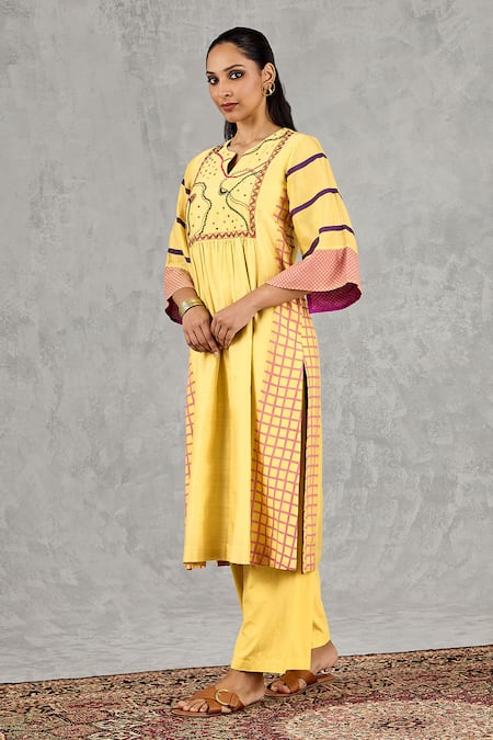 Shop_Shivani Bhargava_Yellow Chanderi Embroidery Split V-neck Block Print And Hand Kurta _Online_at_Aza_Fashions