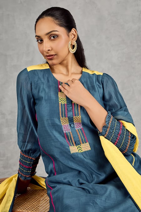 Buy_Shivani Bhargava_Blue Chanderi, Cotton Embroidery Round Neck Scallop Hem Hand Kurta Set 