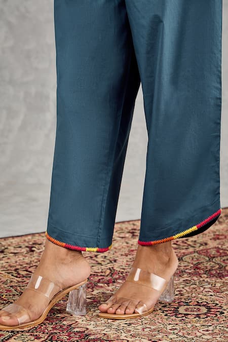 Buy_Shivani Bhargava_Blue Chanderi Embroidery Round Neck Scalloped Hem Hand Kurta _Online_at_Aza_Fashions