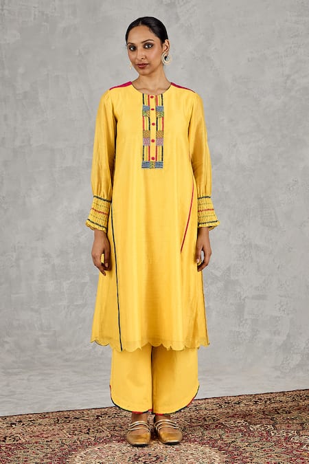 Buy_Shivani Bhargava_Yellow Chanderi, Cotton Embroidery Round Neck Hand Kurta Set _Online_at_Aza_Fashions