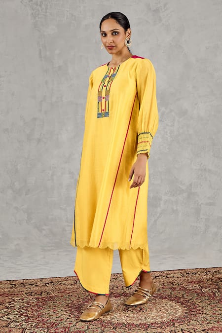 Shivani Bhargava_Yellow Chanderi, Cotton Embroidery Round Neck Hand Kurta Set _at_Aza_Fashions