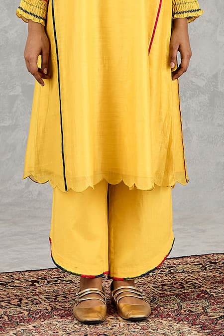 Shivani Bhargava_Yellow Chanderi Embroidery, Metallic Thread Round Neck Hand Kurta _Online_at_Aza_Fashions