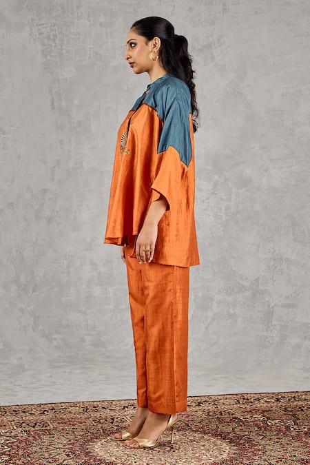 Buy_Shivani Bhargava_Orange Silk Embroidery Mandarin Collar Colorblock Hand Tunic And Pant Set _Online_at_Aza_Fashions
