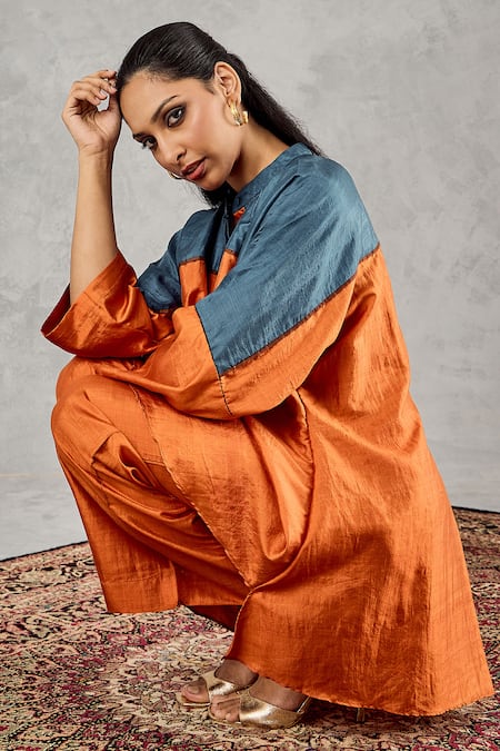 Shop_Shivani Bhargava_Orange Silk Embroidery Mandarin Collar Colorblock Hand Tunic And Pant Set _Online_at_Aza_Fashions