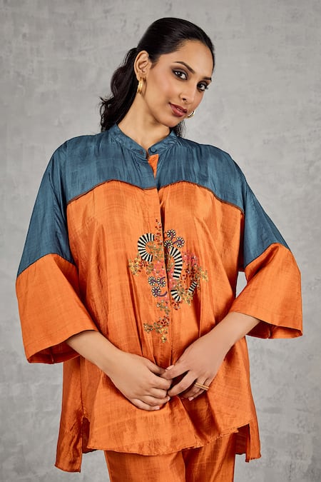 Shivani Bhargava_Orange Silk Embroidery Mandarin Collar Colorblock Hand Tunic And Pant Set _at_Aza_Fashions