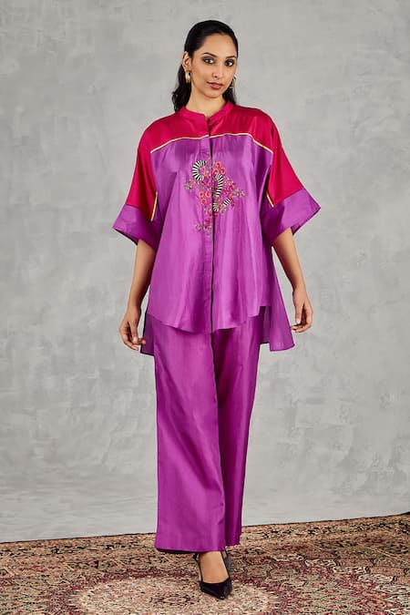 Shivani Bhargava_Purple Silk Embroidery Mandarin Collar Color Block Hand Tunic And Pant Set _at_Aza_Fashions